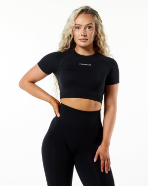 Black Alphalete Amplify SS Crop Women's Shirts | 6248105-JK