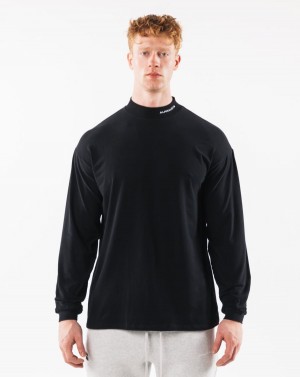 Black Alphalete Brushed Core Mock Neck LS Men's Shirts | 1895620-PB