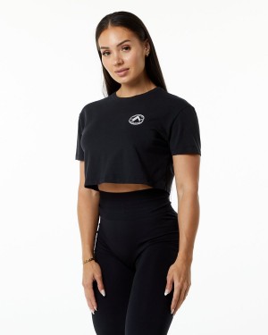 Black Alphalete Dynasty Crop Women's Shirts | 8302914-LN