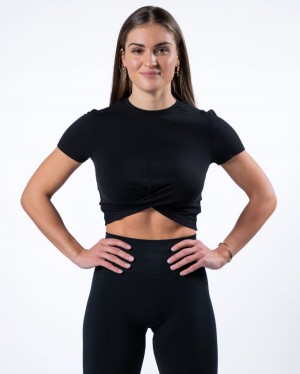 Black Alphalete Evo Twist Crop Women's Shirts | 1842790-YA