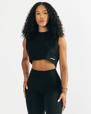 Black Alphalete Heavy Cotton Cropped Cutoff Women's Tank Top | 3928405-PJ