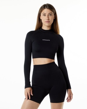 Black Alphalete Ozone High Neck LS Crop Women's Long Sleeve | 1564370-BE