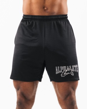 Black / Sea Shell Alphalete Wolf Head Mesh Short 6" Men's Shorts | 8190657-CM