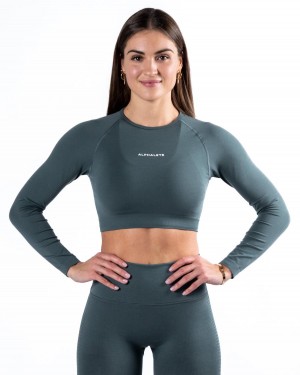 Charcoal Alphalete Amplify LS Crop Women's Long Sleeve | 3869042-QM