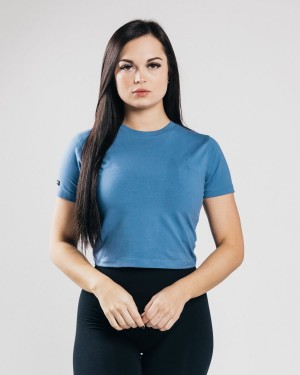 Denim Blue Alphalete Essential Short Sleeve Crop Women's Shirts | 2643798-RX