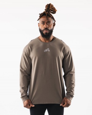 Desert Taupe Alphalete Wolf Head LS Tee Men's Shirts | 6021574-WA