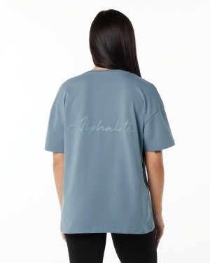 Fog Blue Alphalete Signature Oversized Tee Women's Shirts | 7903516-ZI