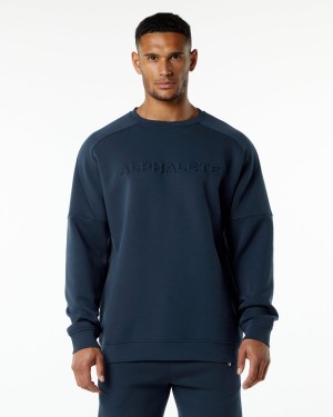 Harbor Navy Alphalete ELMTS Crewneck Sweater Men's Jackets | 0952476-YC