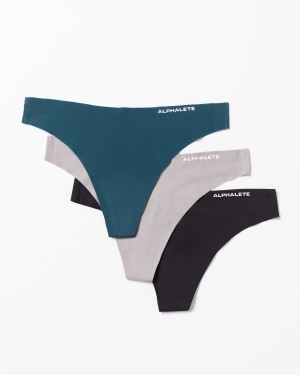 Med Grey / Navy / Black Alphalete Seamless Thong 3pk Women's Underwear | 4781362-TU