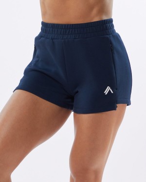 Navy Alphalete ELMTS Athletic Short 3.5" Women's Shorts | 8160735-QJ