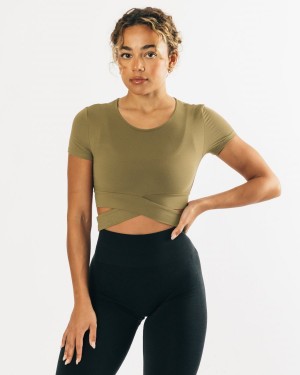 Olive Alphalete Ultrasoft Wrap Tie Top Women's Shirts | 0547623-SN