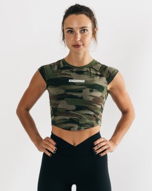 Olive Canvas Camo Alphalete Velocity Crop Tee Women's Shirts | 0128956-EB