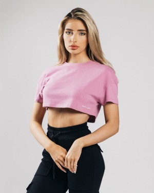 Pastel Pink Alphalete Heavy Cotton Dropped Shoulder Crop Women's Shirts | 5801423-ZQ