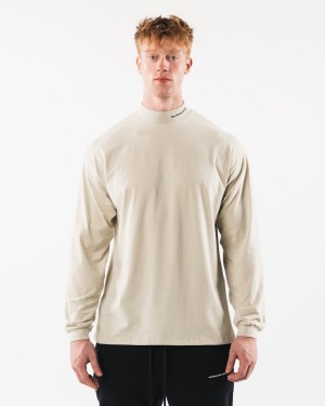 Sea Shell Alphalete Brushed Core Mock Neck LS Men's Shirts | 6372489-FW