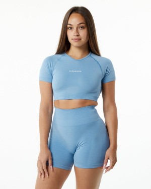 Washed Denim Alphalete Amplify V-Neck Crop Top Women's Shirts | 7964382-RG