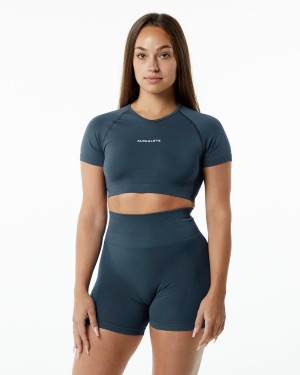 Whale Blue Alphalete Amplify V-Neck Crop Top Women's Shirts | 8961735-OA