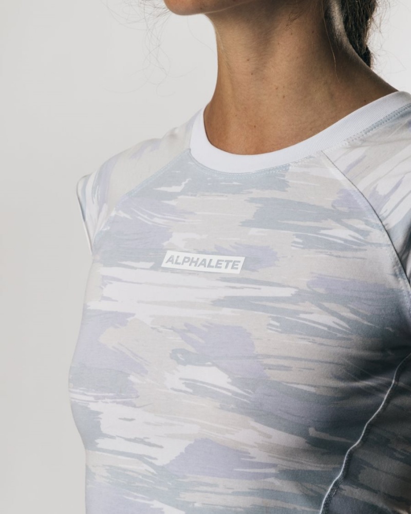 Arctic Canvas Camo Alphalete Velocity Crop Tee Women's Shirts | 6085791-CW