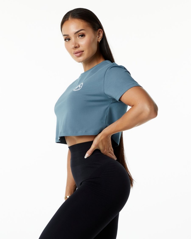 Atlantic Blue Alphalete Dynasty Crop Women's Shirts | 6538942-LE