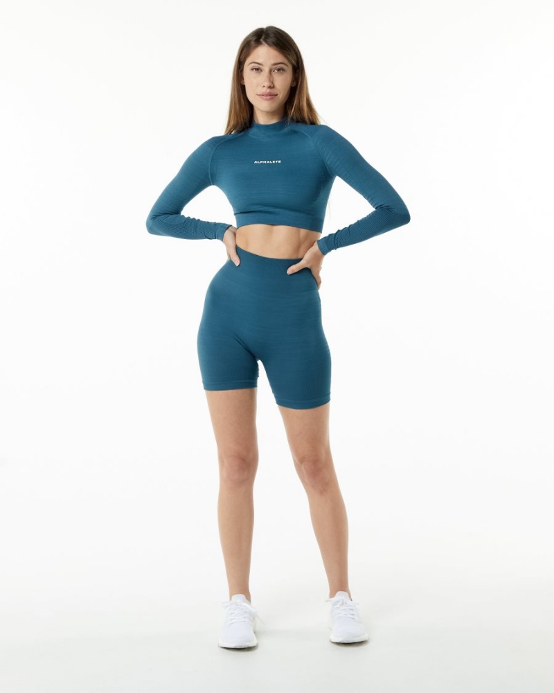 Atlantic Blue Alphalete Ozone High Neck LS Crop Women's Long Sleeve | 7049586-WO