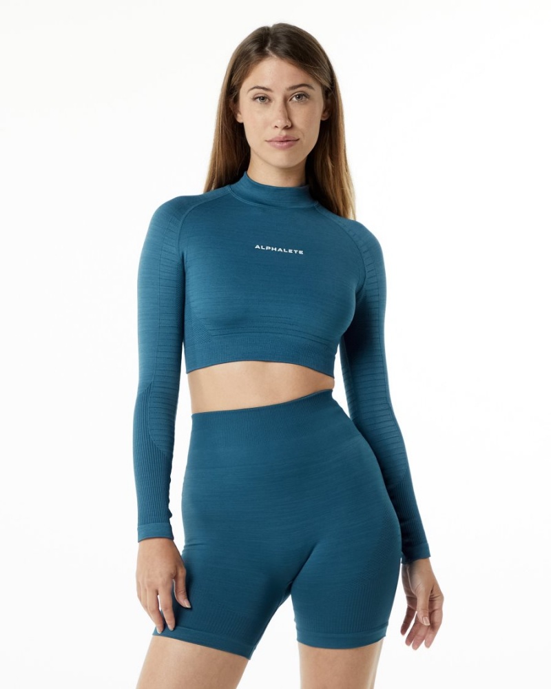 Atlantic Blue Alphalete Ozone High Neck LS Crop Women\'s Long Sleeve | 7049586-WO