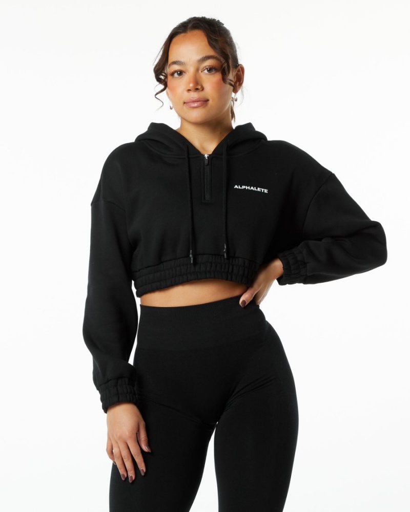 Black Alphalete Classic Capital Crop Hoodie Women\'s Hoodie | 4703958-CR