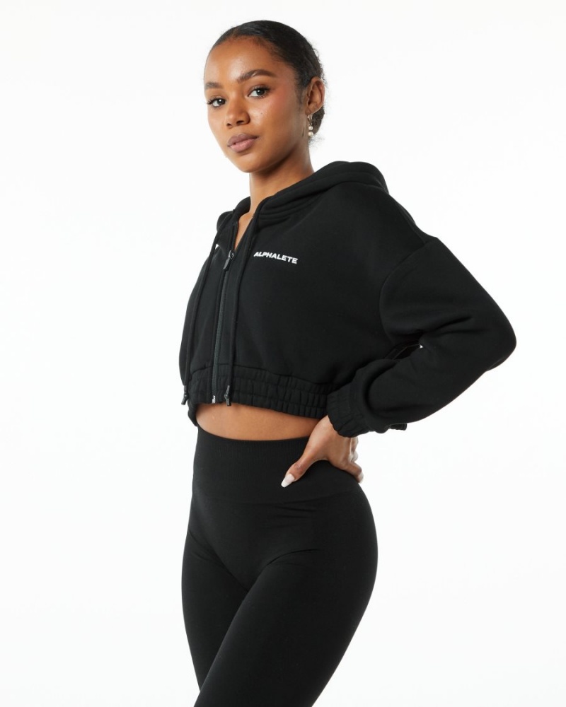 Black Alphalete Classic Capital Full-Zip Crop Jacket Women's Jackets | 7023481-YQ