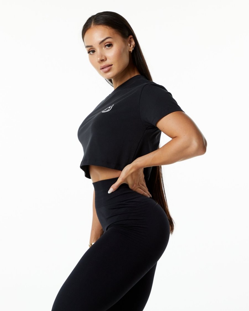 Black Alphalete Dynasty Crop Women's Shirts | 8302914-LN