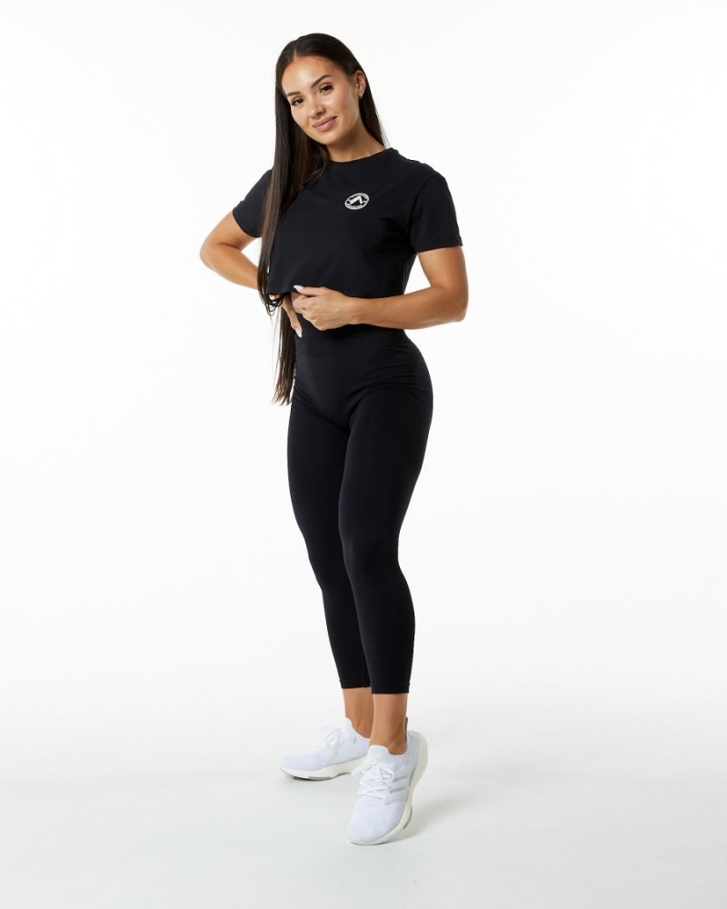 Black Alphalete Dynasty Crop Women's Shirts | 8302914-LN