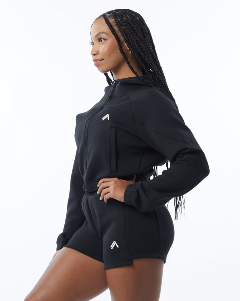 Black Alphalete ELMTS Full-Zip Crop Jacket Women's Jackets | 8256409-MF