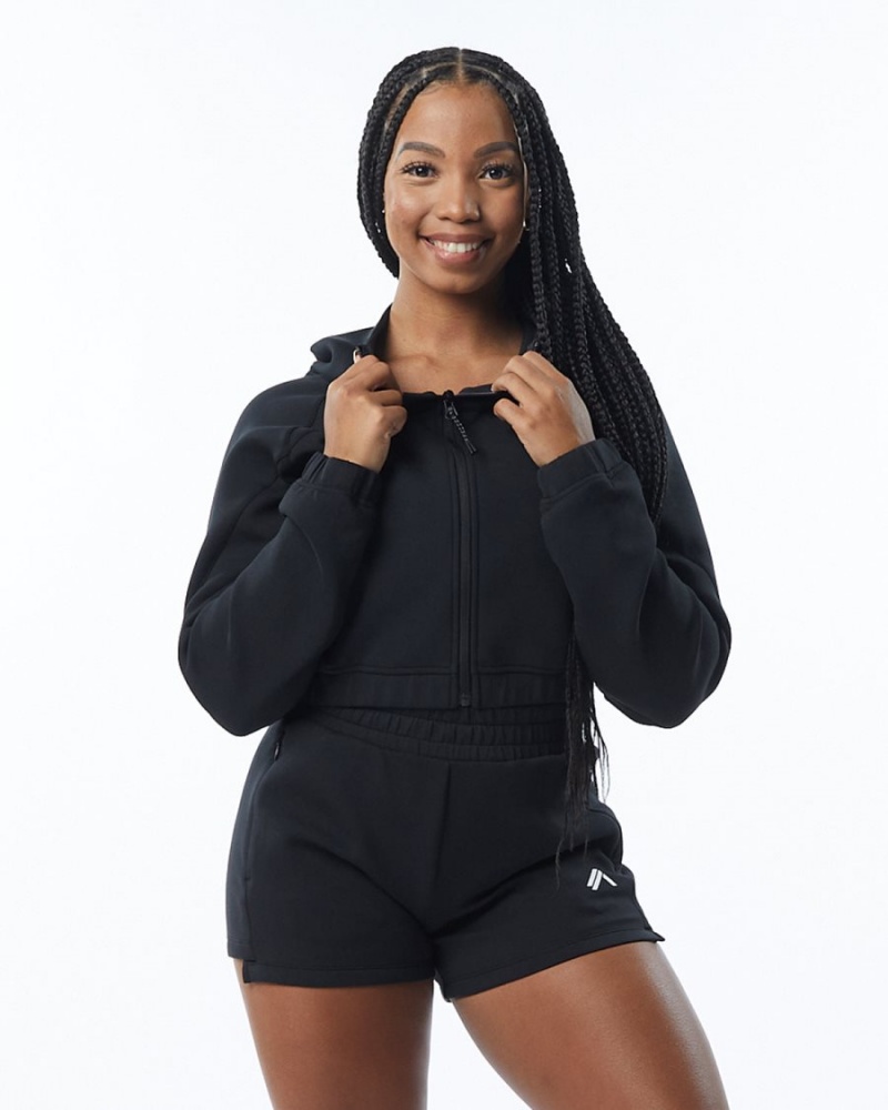 Black Alphalete ELMTS Full-Zip Crop Jacket Women's Jackets | 8256409-MF