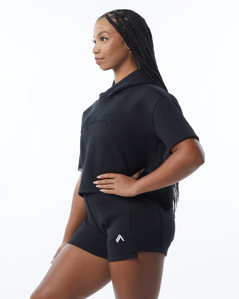 Black Alphalete ELMTS Half Sleeve Hoodie Women's Hoodie | 2074596-YP