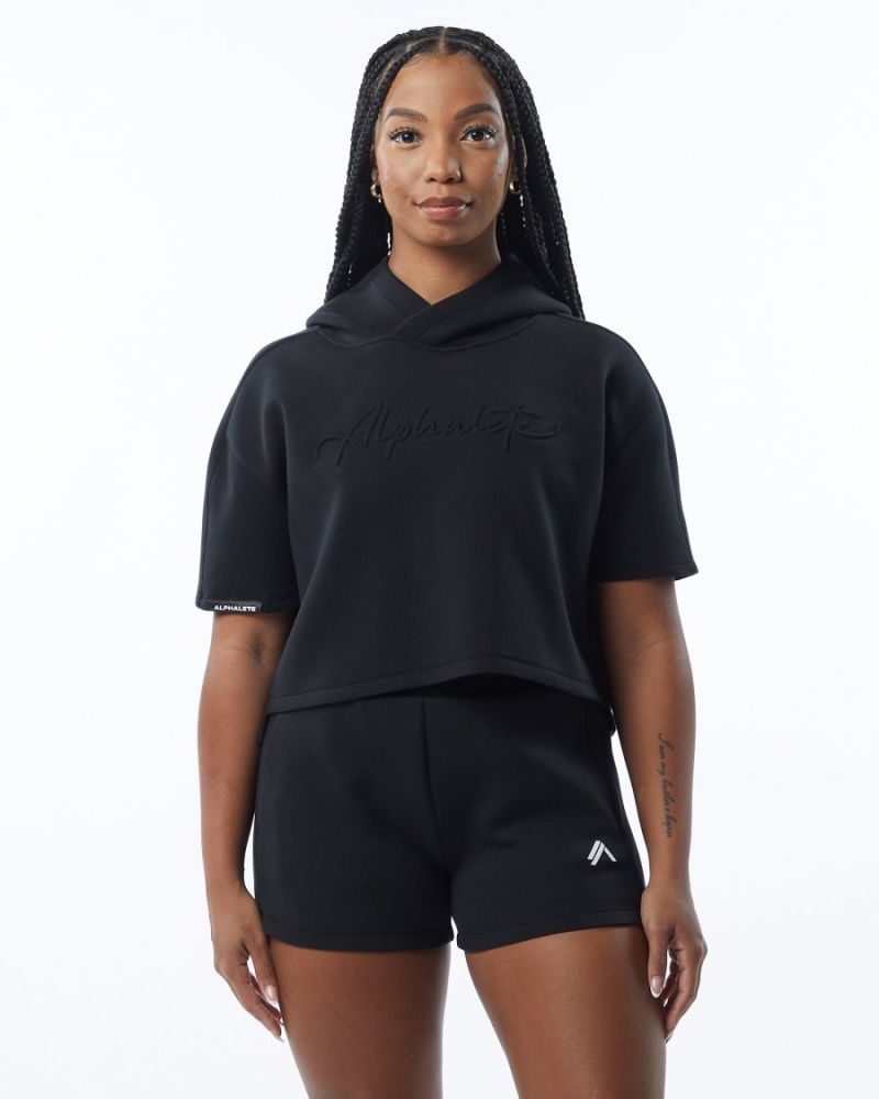 Black Alphalete ELMTS Half Sleeve Hoodie Women's Hoodie | 2074596-YP