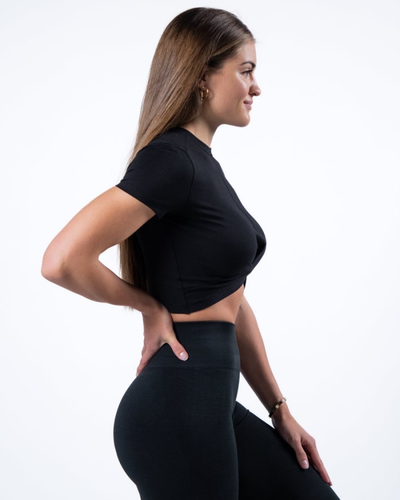 Black Alphalete Evo Twist Crop Women's Shirts | 1842790-YA