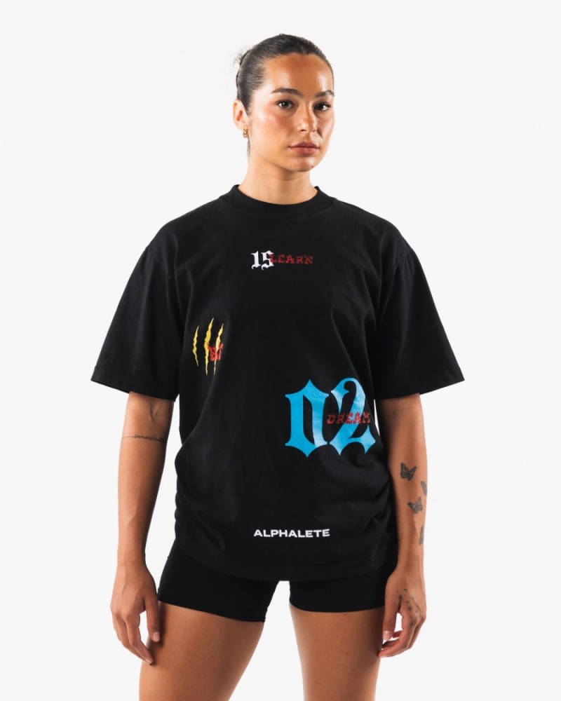 Black Alphalete HTX Tee Women's Shirts | 7954081-DA