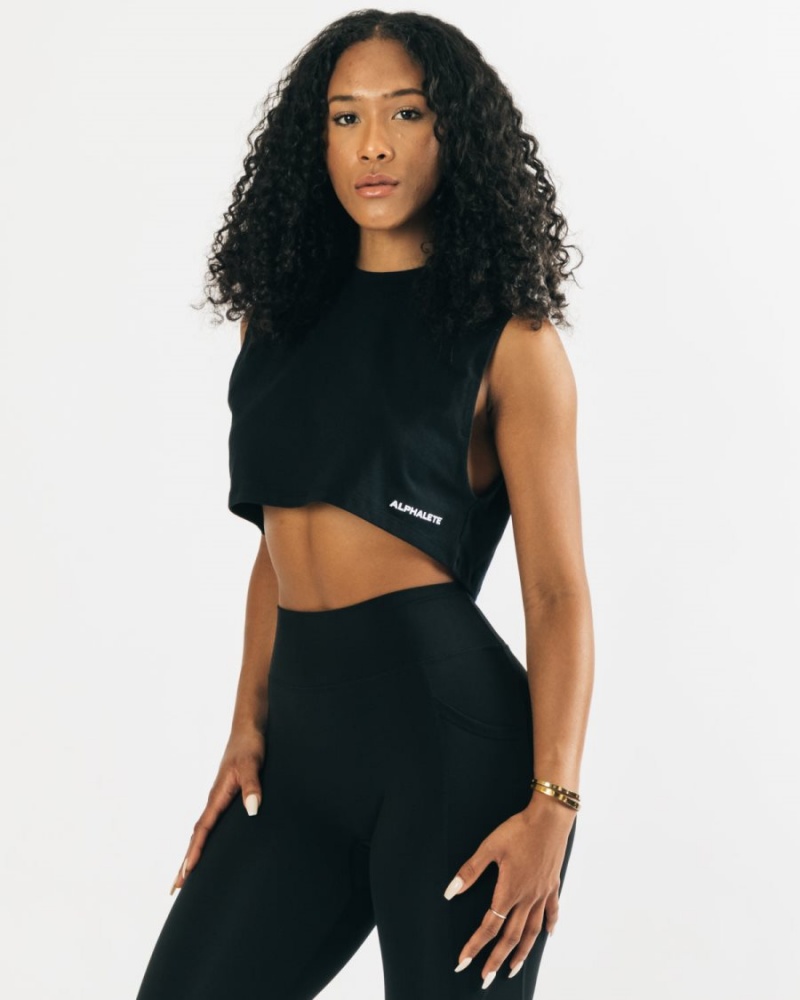 Black Alphalete Heavy Cotton Cropped Cutoff Women's Tank Top | 3928405-PJ