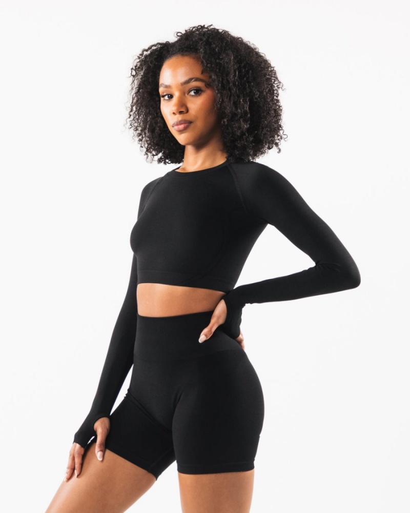 Black Alphalete Stratus LS Crop Women's Long Sleeve | 2657940-NQ