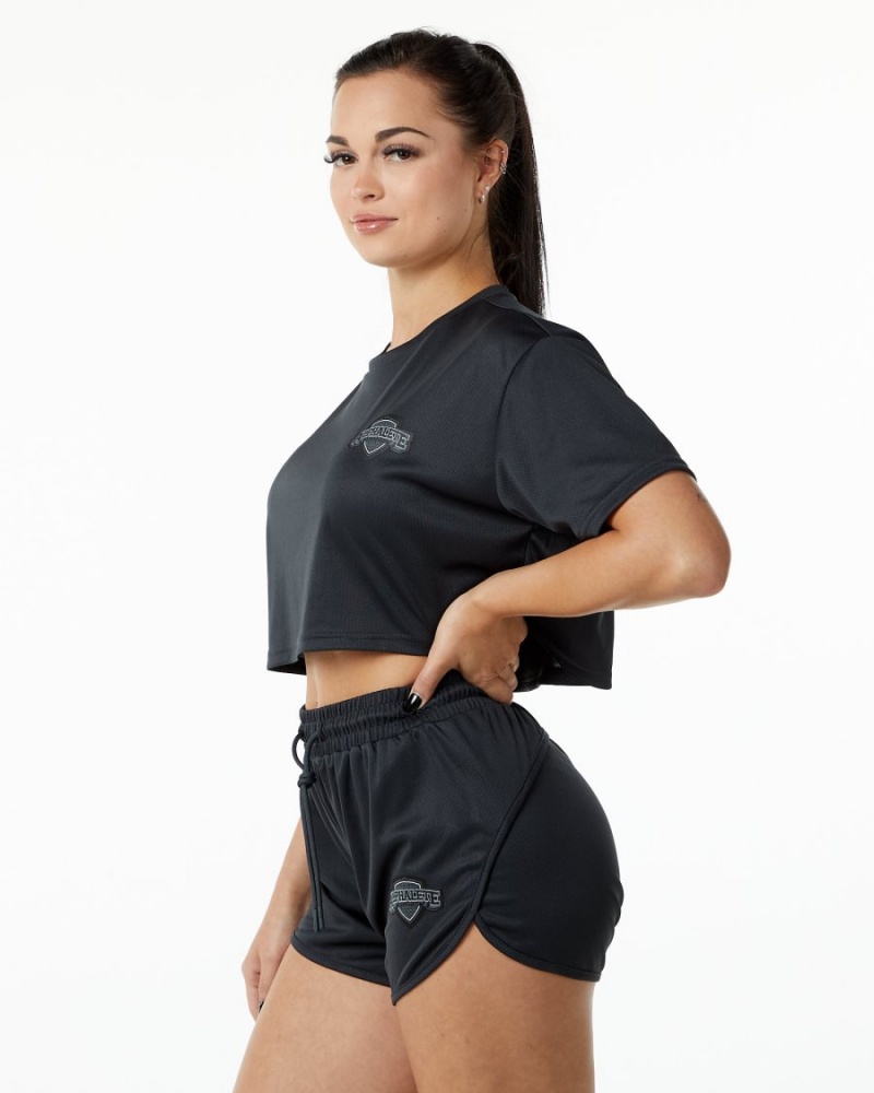 Black Alphalete Varsity Crop Women's Shirts | 4083657-WK