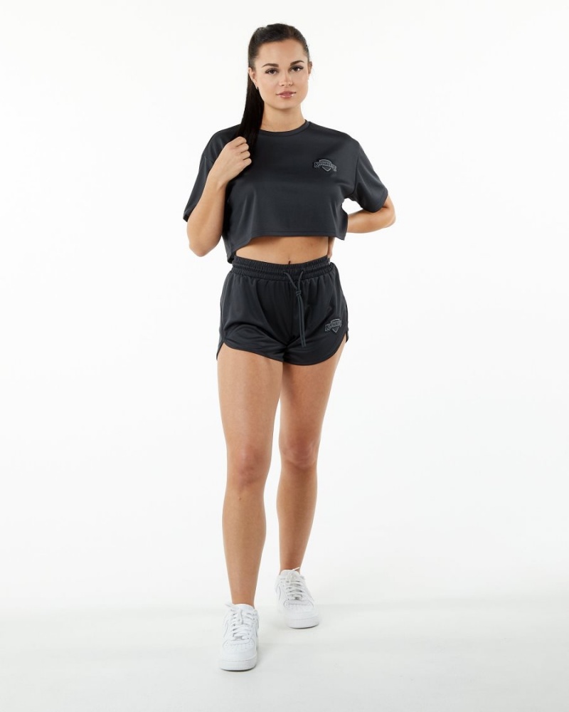 Black Alphalete Varsity Crop Women's Shirts | 4083657-WK