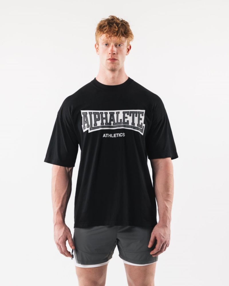 Black Alphalete Varsity Tee Men's Shirts | 6540879-BJ