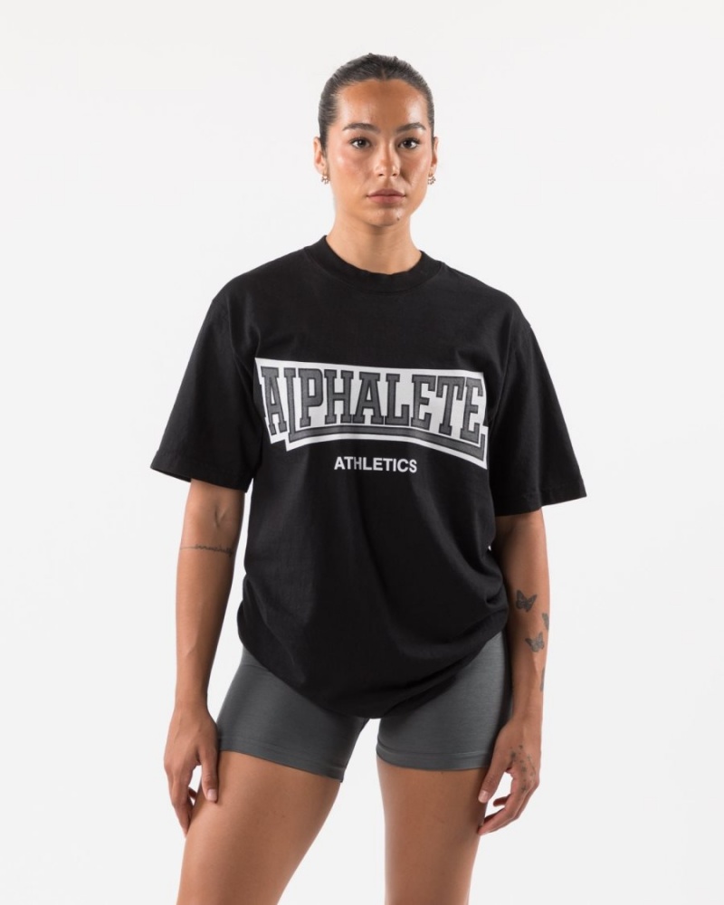 Black Alphalete Varsity Tee Women's Shirts | 5830974-VP