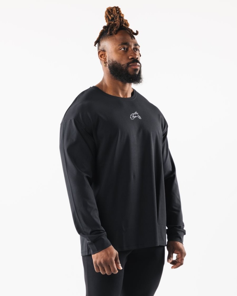 Black Alphalete Wolf Head LS Tee Men's Shirts | 6905241-BH