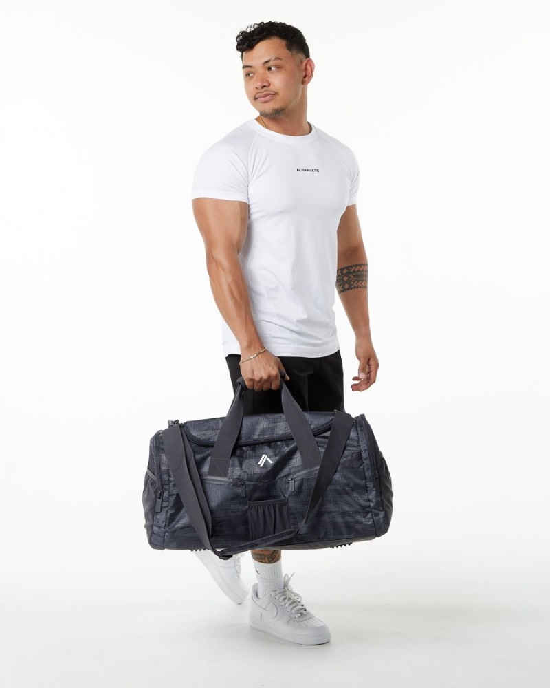 Black Canvas Camo Alphalete Essential Duffel Bag Men's Accessories | 9241560-HS