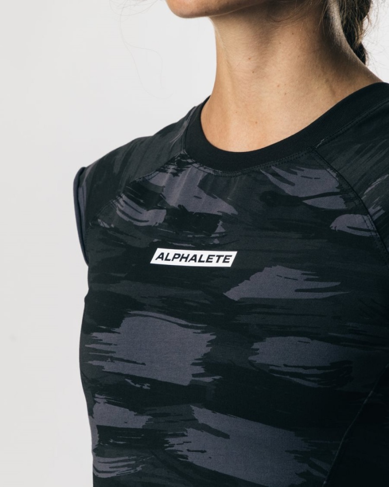 Black Canvas Camo Alphalete Velocity Crop Tee Women's Shirts | 0428913-EU