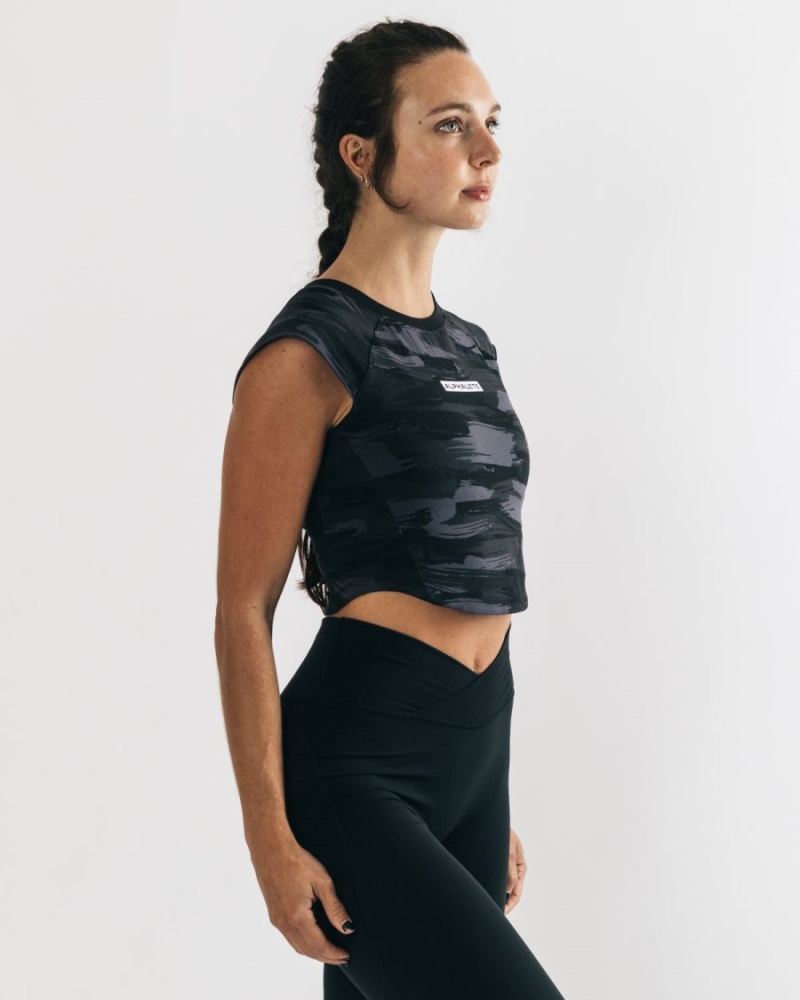 Black Canvas Camo Alphalete Velocity Crop Tee Women's Shirts | 0428913-EU