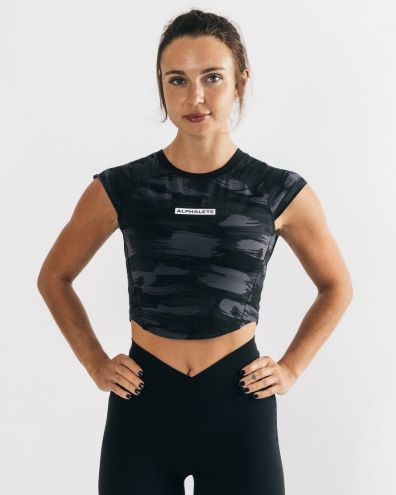 Black Canvas Camo Alphalete Velocity Crop Tee Women\'s Shirts | 0428913-EU