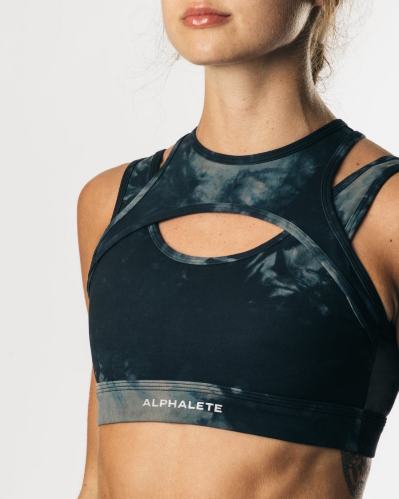 Black Oil Stain Alphalete Surface Keyhole Bra Women's Sports Bra | 3957028-BW