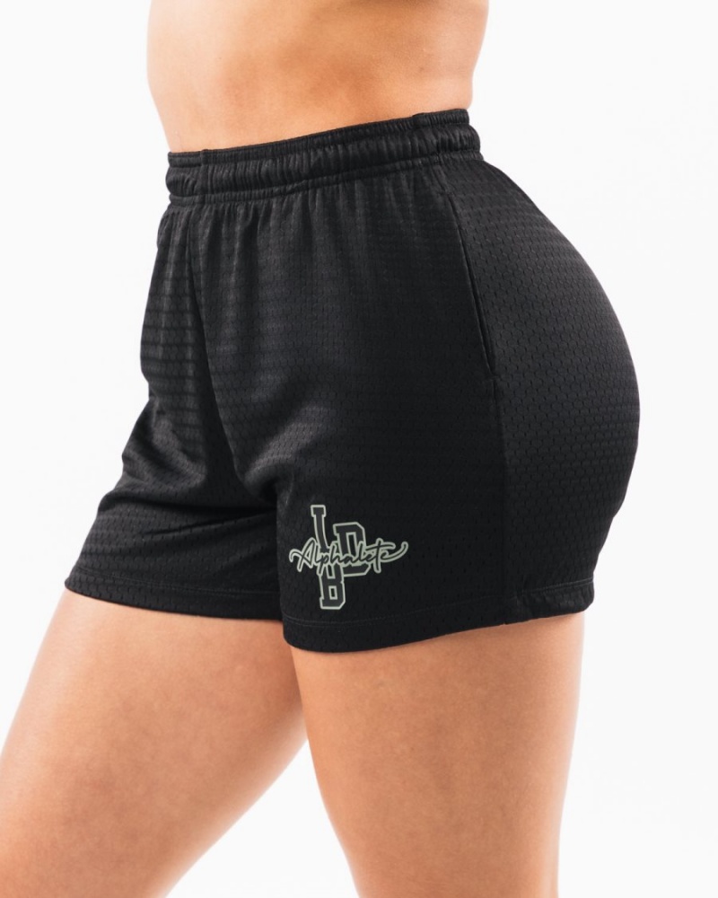 Black / Sage Alphalete Signature Mesh Short 4" Women's Shorts | 0781563-ZA