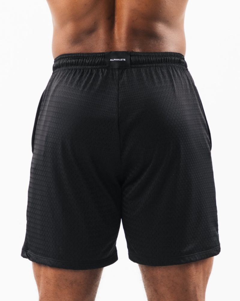 Black / Sea Shell Alphalete Wolf Head Mesh Short 6" Men's Shorts | 8190657-CM