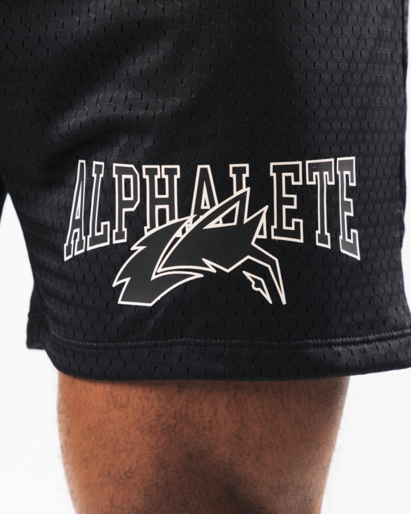 Black / Sea Shell Alphalete Wolf Head Mesh Short 6" Men's Shorts | 8190657-CM