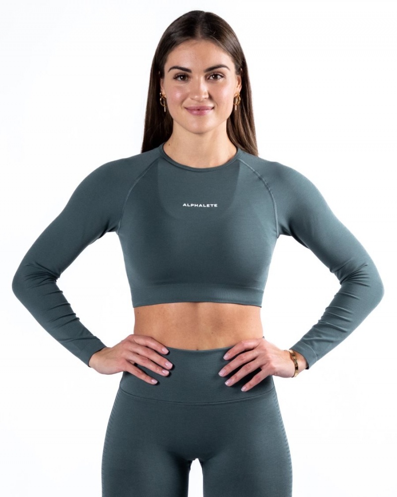 Charcoal Alphalete Amplify LS Crop Women\'s Long Sleeve | 3869042-QM